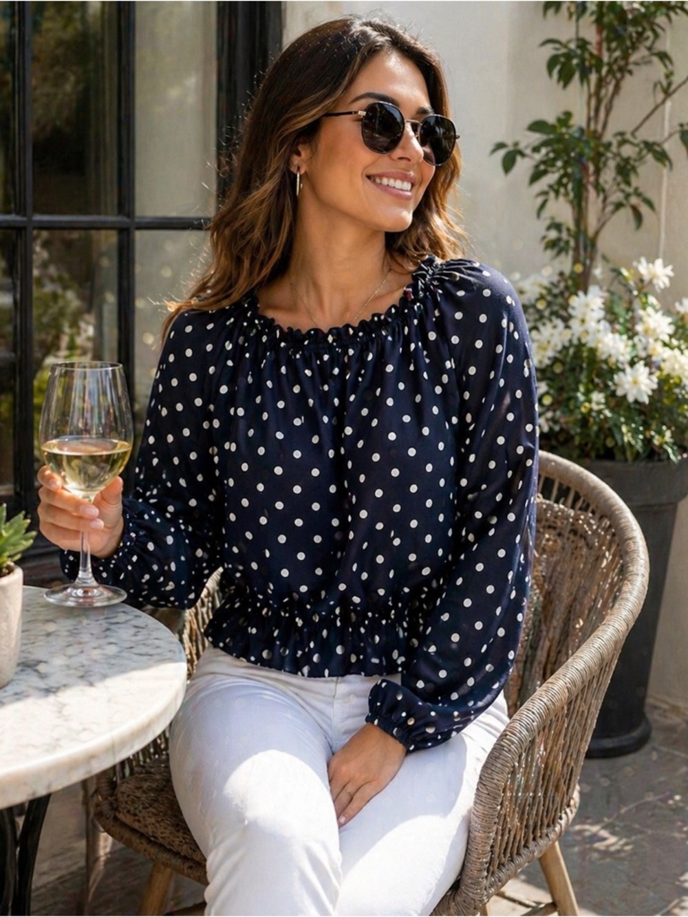 Frankie & Missy Polka Dot Blouse S | Navy Sheer Peasant Top Made in Canada